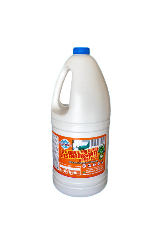 Envase de 2 litros de Desengrasante Multiusos Biodegradable Deterya, limpiador ecológico potente para eliminar grasa en diversas superficies y áreas de trabajo en Bogotá.