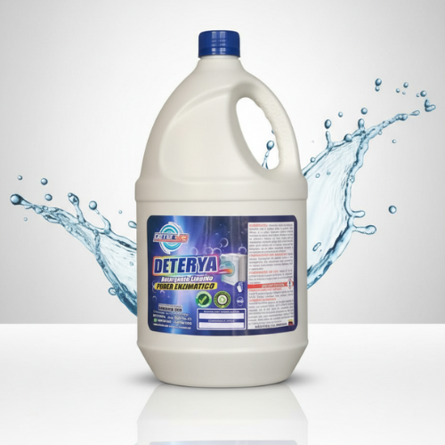 Envase de Detergente Líquido Enzimático Deterya para lavado de ropa con manchas difíciles y limpieza profunda.