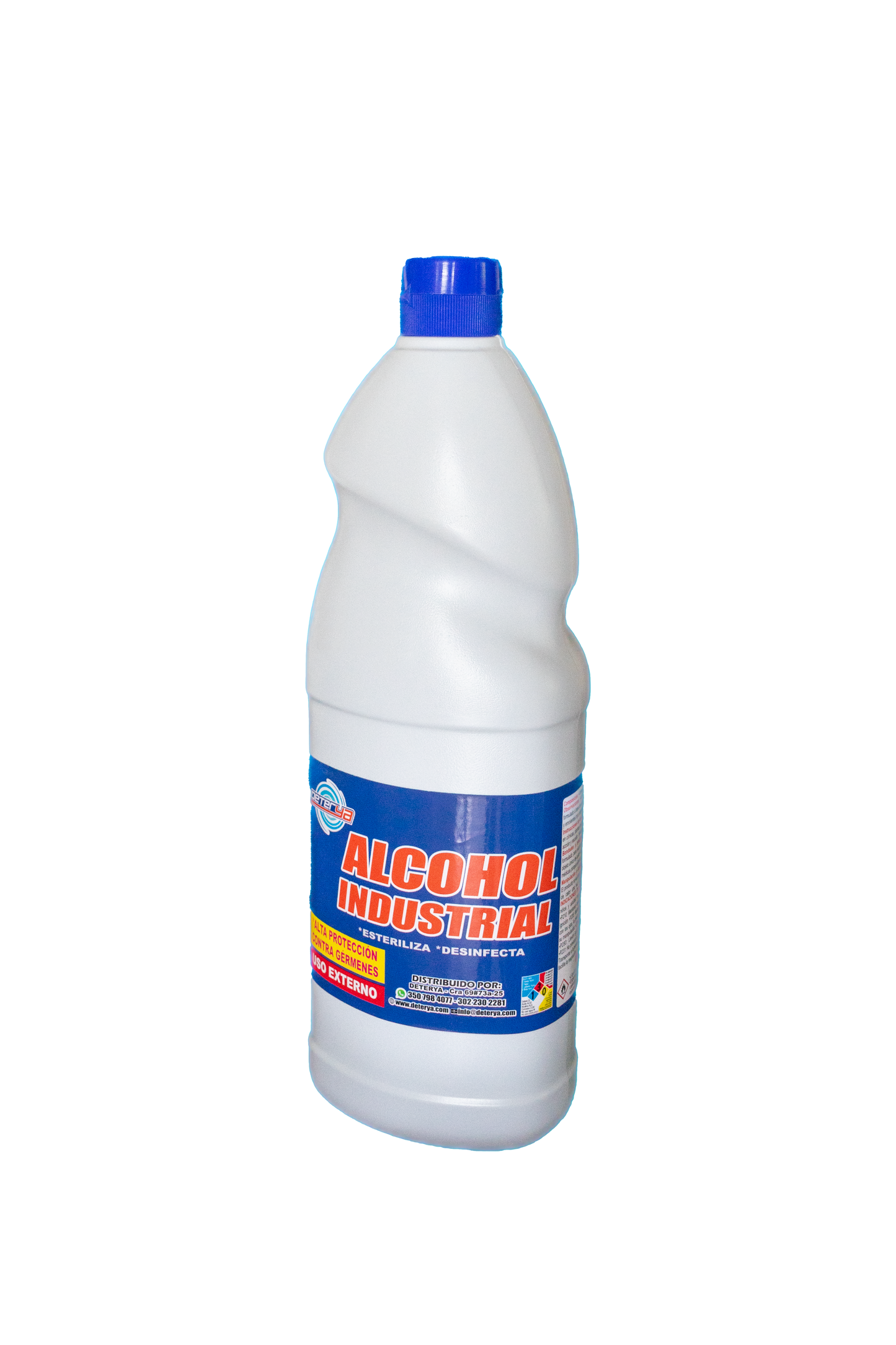 Envase de 1 litro de Alcohol Industrial Multiusos Deterya para limpieza de superficies, equipos y desinfección profunda en Bogotá.