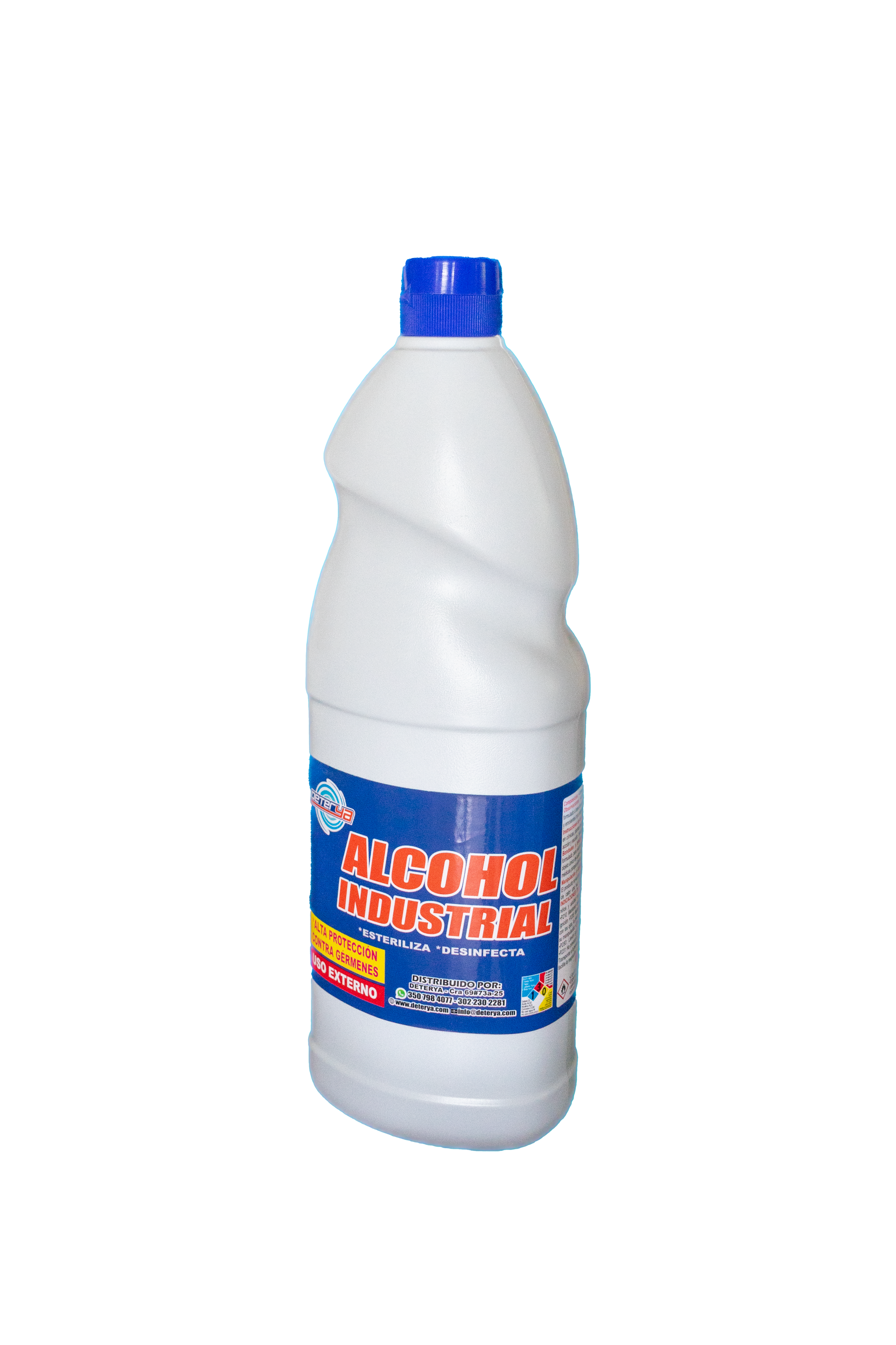 Envase de 1 litro de Alcohol Industrial Multiusos Deterya para limpieza de superficies, equipos y desinfección profunda en Bogotá.