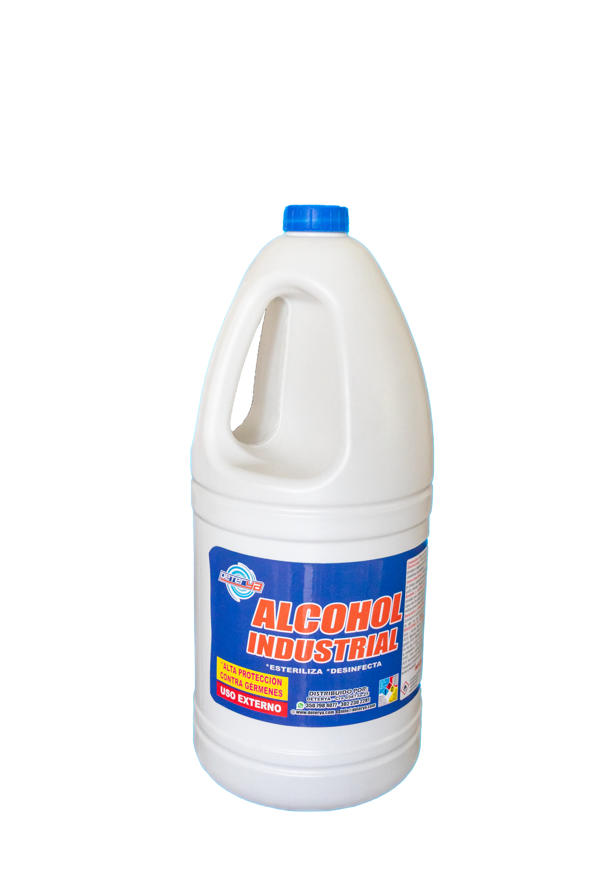 Envase de 2 litros de Alcohol Industrial Multiusos Deterya para limpieza de superficies, equipos y desinfección profunda en Bogotá.