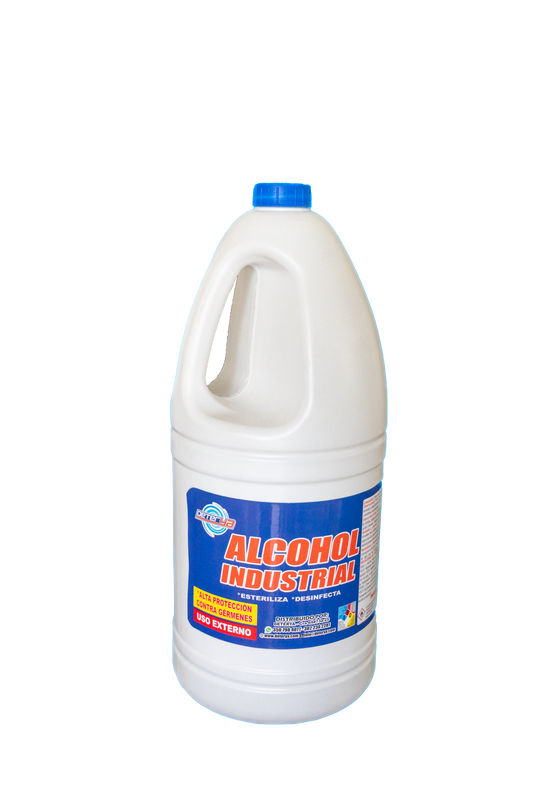 Envase de 2 litros de Alcohol Industrial Multiusos Deterya para limpieza de superficies, equipos y desinfección profunda en Bogotá.