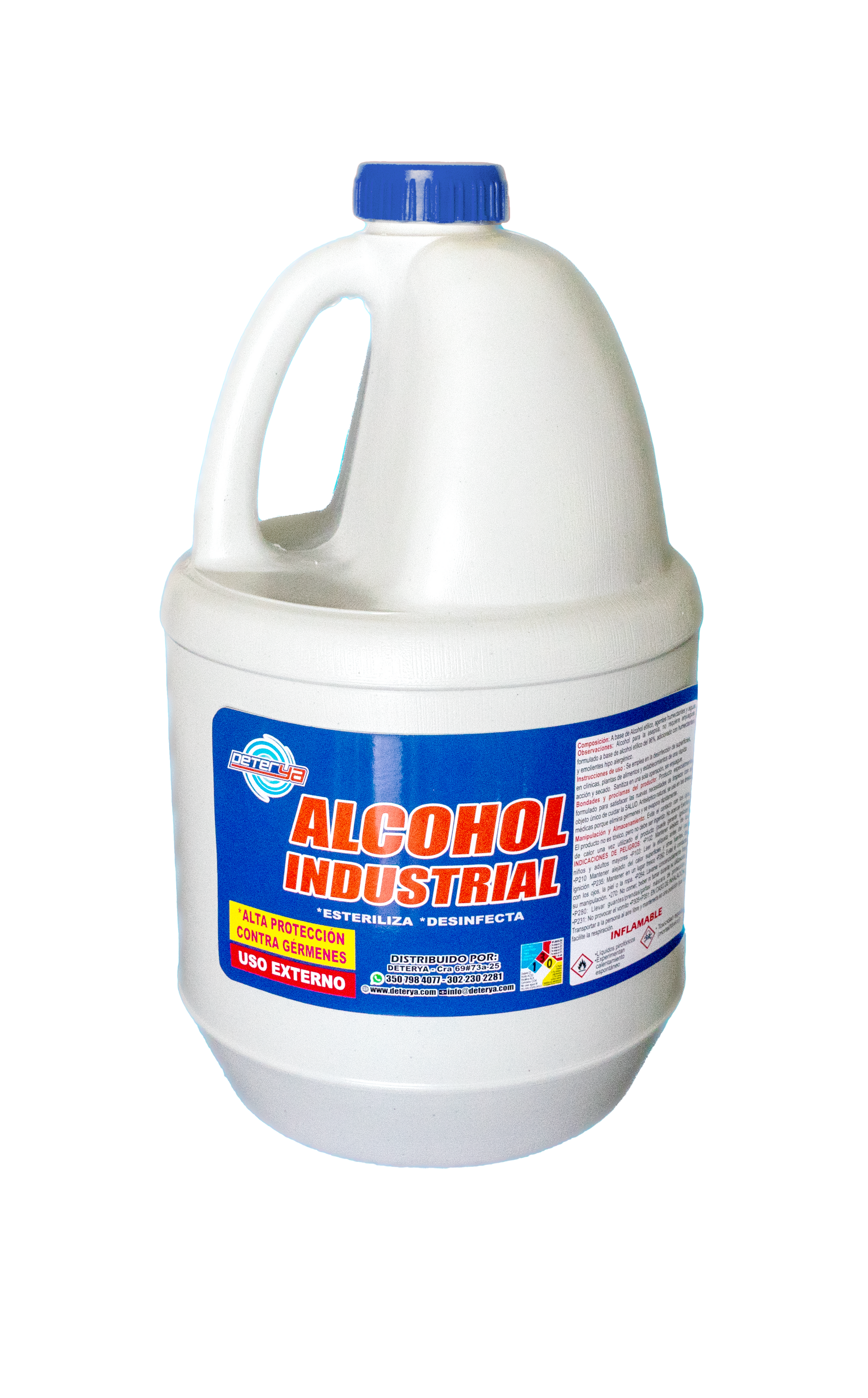 Envase de Alcohol Industrial Multiusos Deterya para limpieza de superficies, equipos y desinfección profunda en Bogotá.