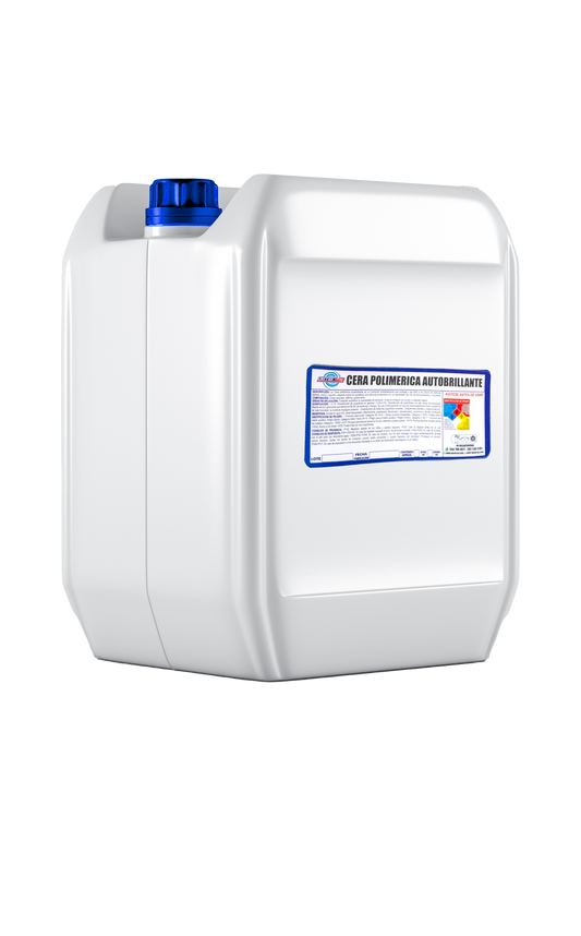 Bidón de 20 litros de Cera Polimérica Autobrillante Deterya, protección antideslizante de alto rendimiento para pisos de tráfico pesado en centros comerciales y oficinas de Bogotá.