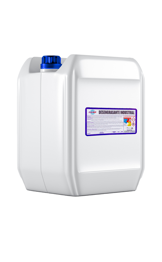 Garrafa de 20 litros de Desengrasante Industrial Potente Deterya, limpiador multiusos de alta concentración para remoción de grasa pesada en maquinaria y pisos de talleres en Bogotá.