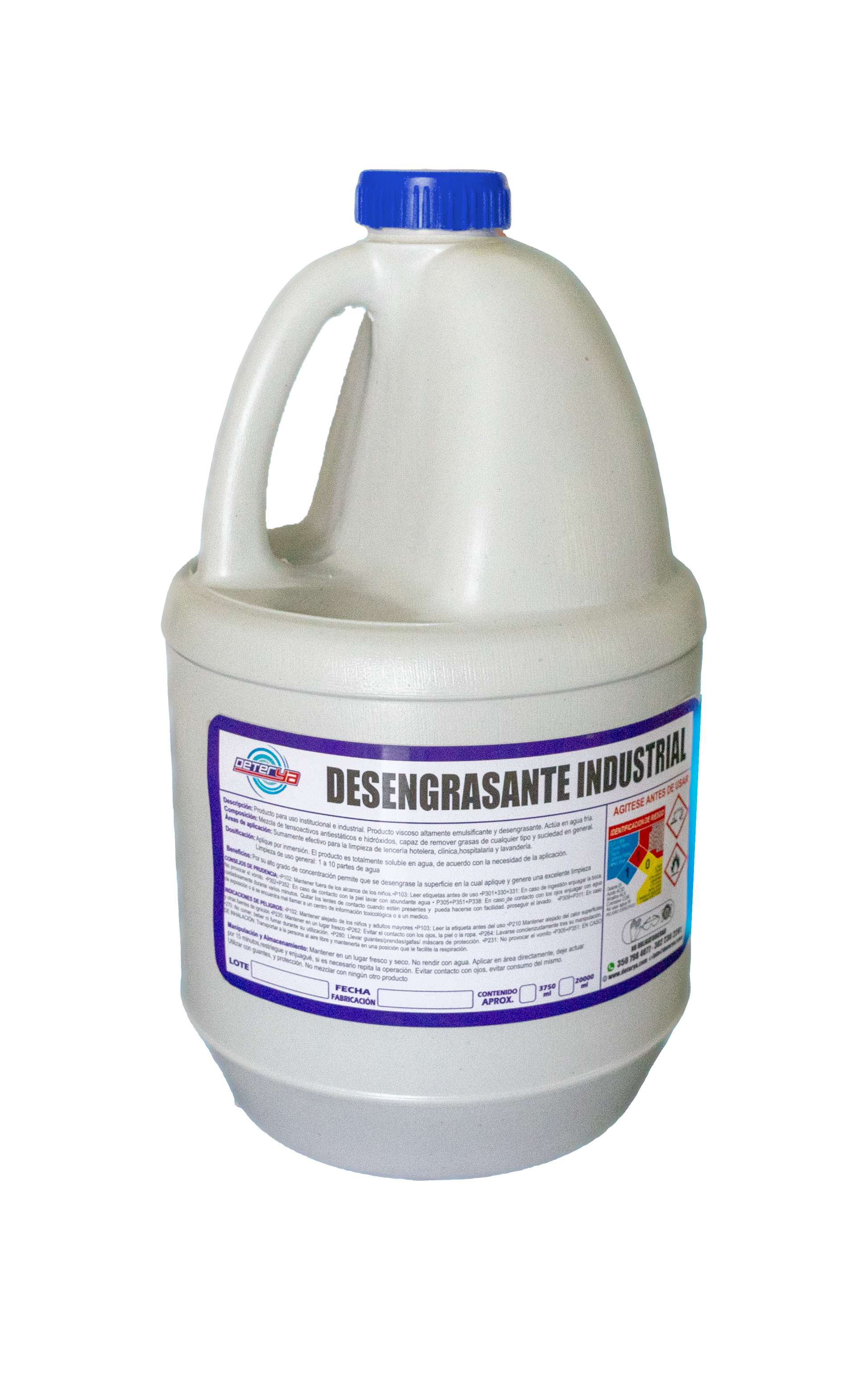 Envase de Desengrasante Industrial Potente Deterya, fórmula multiusos para remover grasa pesada en motores, maquinaria y superficies industriales en Bogotá.
