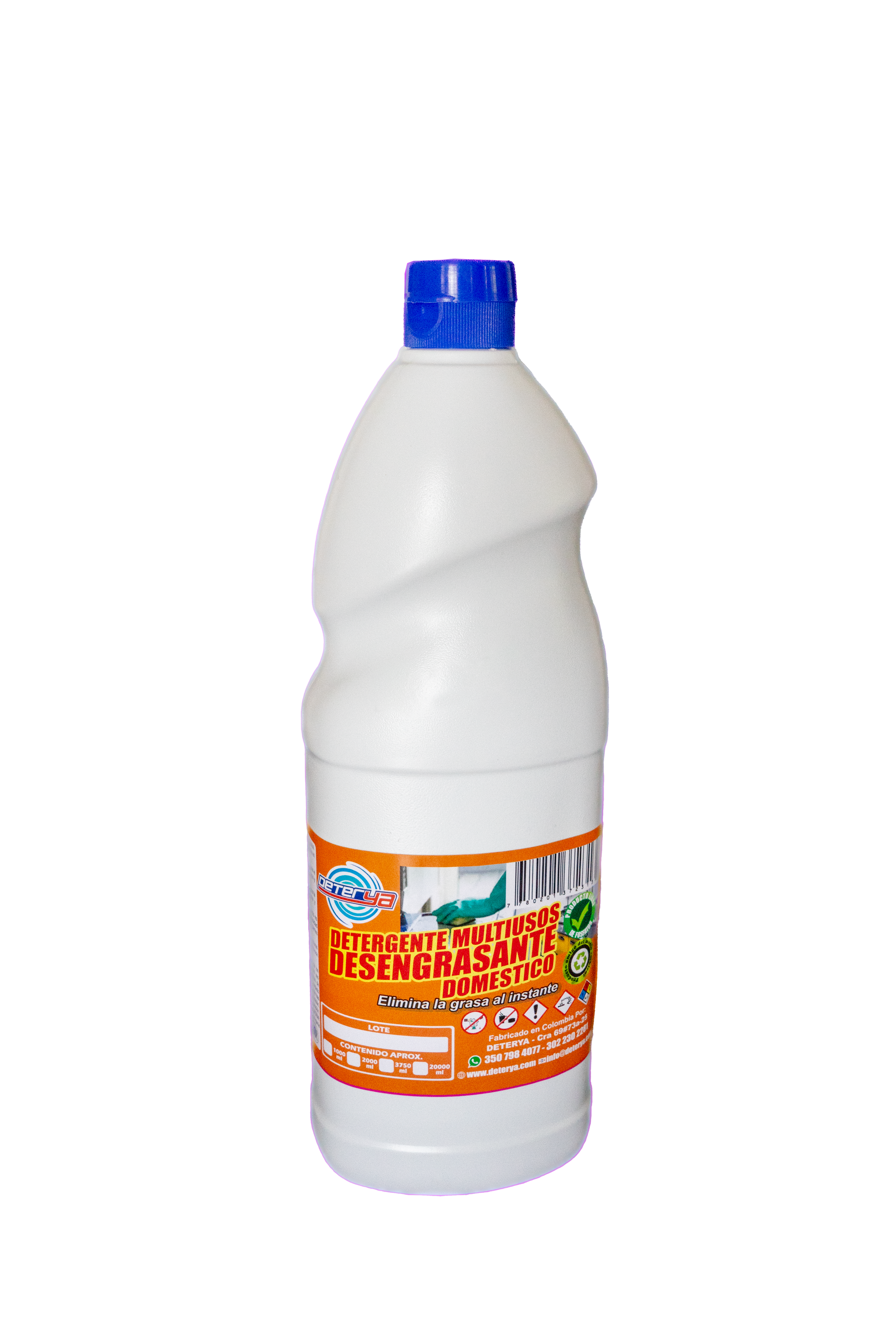Envase de 1 litro de Desengrasante Multiusos Biodegradable Deterya, limpiador ecológico potente para eliminar grasa en diversas superficies y áreas de trabajo en Bogotá.