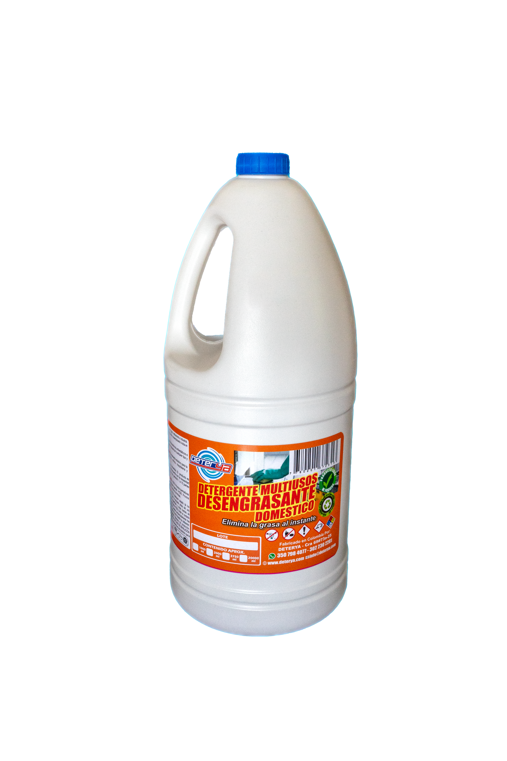 Envase de 2 litros de Desengrasante Multiusos Biodegradable Deterya, limpiador ecológico potente para eliminar grasa en diversas superficies y áreas de trabajo en Bogotá.