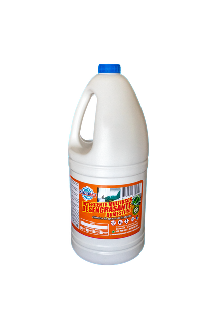 Envase de 2 litros de Desengrasante Multiusos Biodegradable Deterya, limpiador ecológico potente para eliminar grasa en diversas superficies y áreas de trabajo en Bogotá.