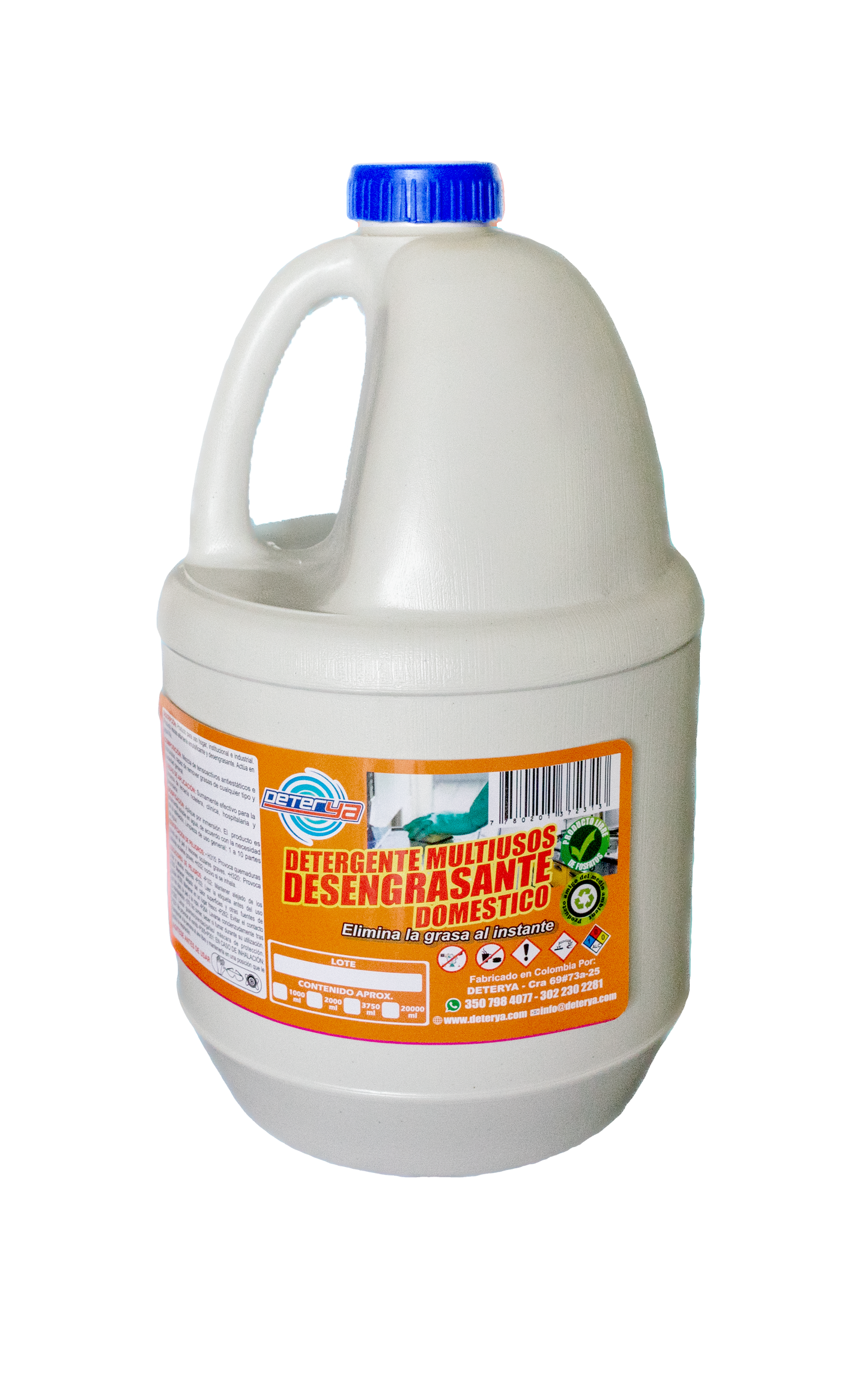 Envase de Desengrasante Multiusos Biodegradable Deterya, limpiador ecológico potente para eliminar grasa en diversas superficies y áreas de trabajo en Bogotá.