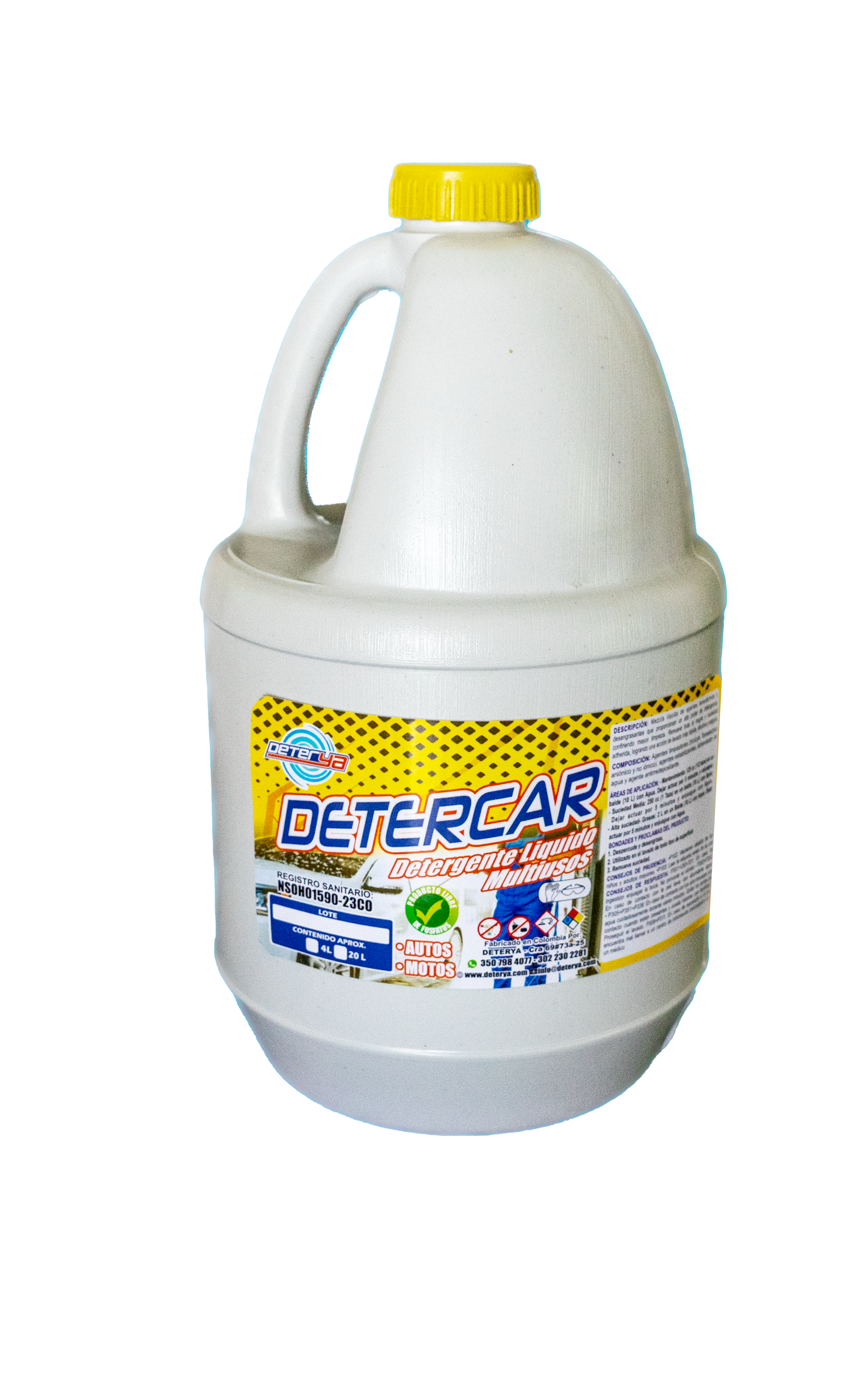 Envase de Detercar Shampoo para Carros Deterya, detergente líquido automotriz con pH balanceado para limpieza profunda y brillo de la pintura en Bogotá.