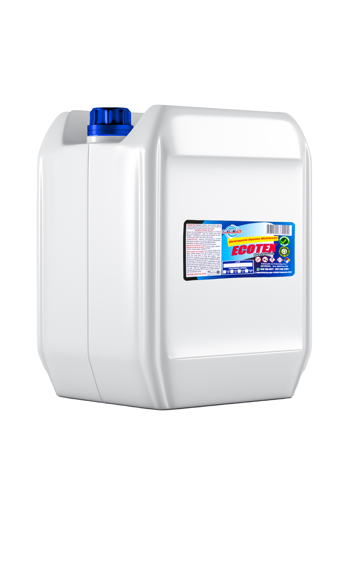 Garrafa de 20 litros de Detergente Líquido Ecotex Deterya, jabón para lavadora de alto rendimiento y bajo costo ideal para lavanderías y hogares en Bogotá.