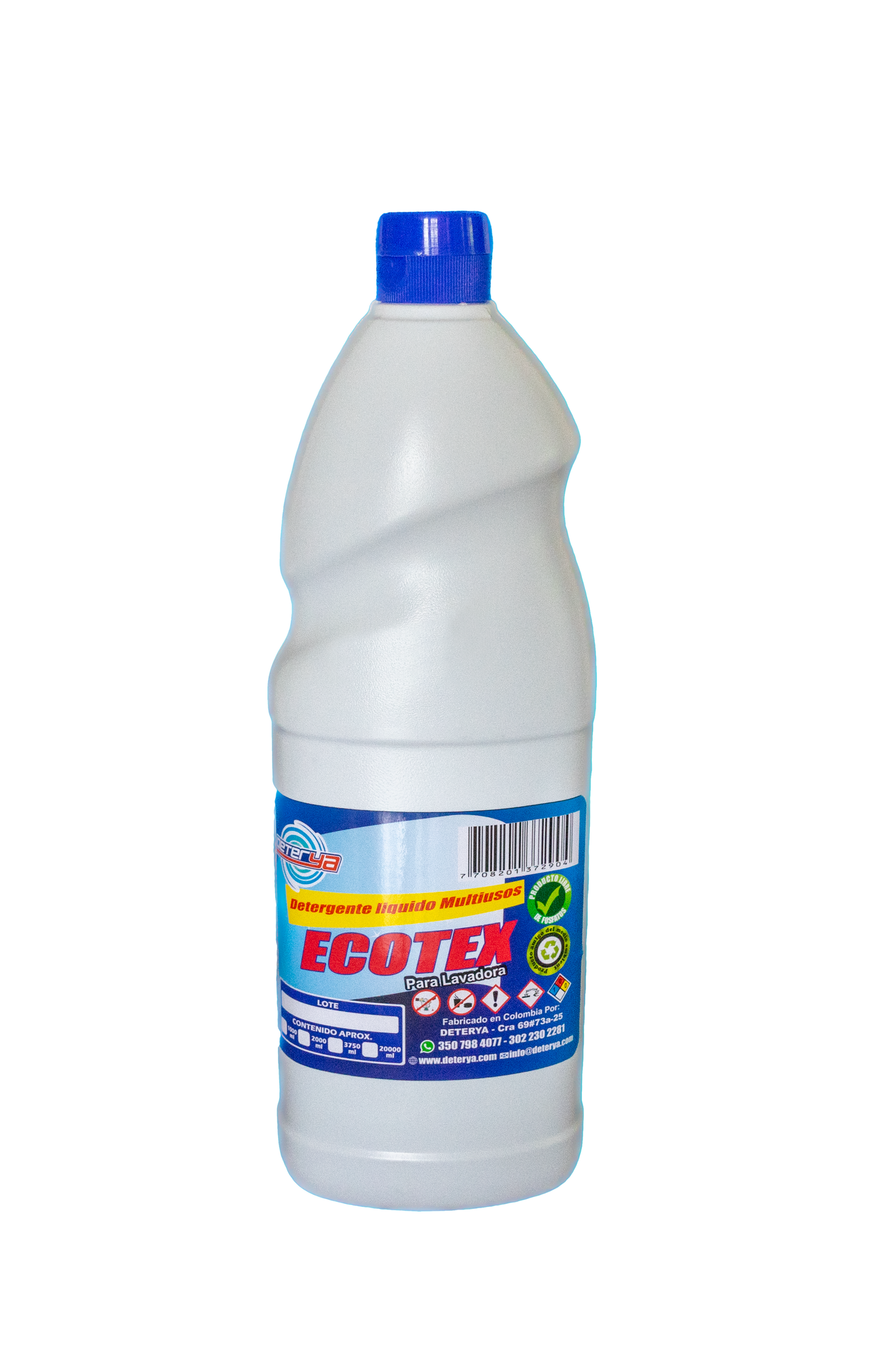 Envase de 1 litro de Detergente Líquido Ecotex Deterya, jabón económico para lavadora automática que cuida las fibras y elimina la suciedad en la ropa.