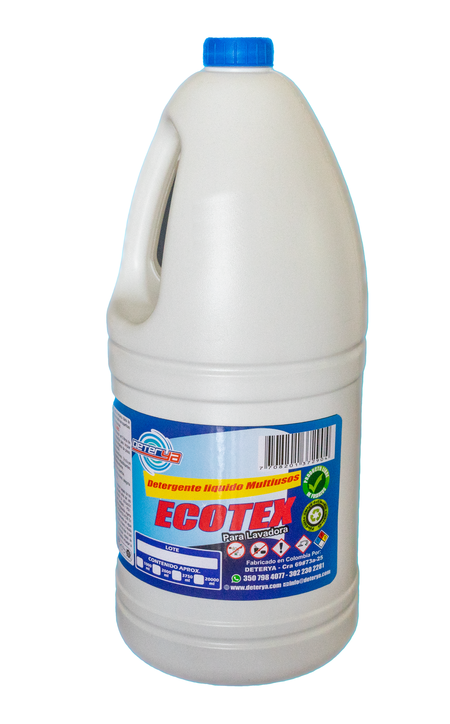 Envase de 2 litros de Detergente Líquido Ecotex Deterya, jabón económico para lavadora automática que cuida las fibras y elimina la suciedad en la ropa.