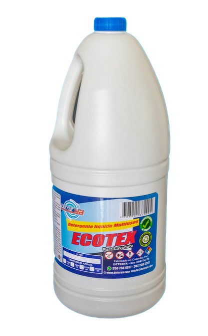 Envase de 2 litros de Detergente Líquido Ecotex Deterya, jabón económico para lavadora automática que cuida las fibras y elimina la suciedad en la ropa.