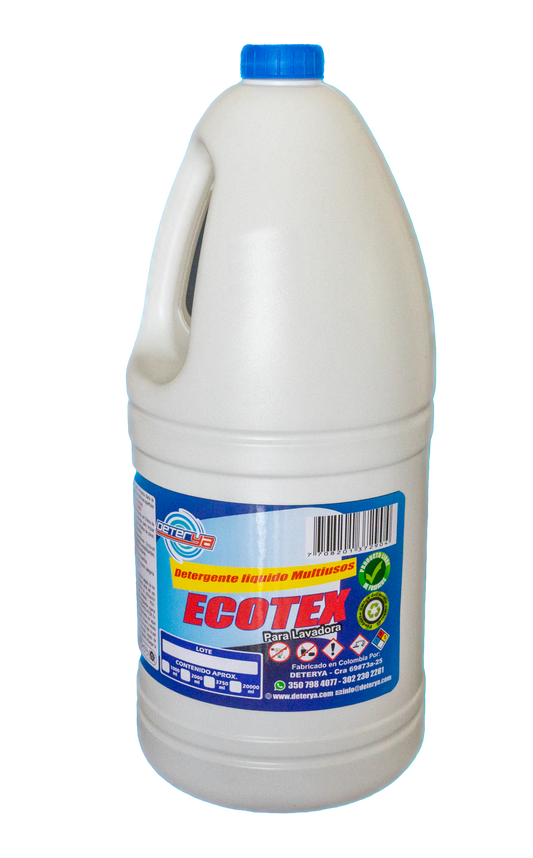 Envase de 2 litros de Detergente Líquido Ecotex Deterya, jabón económico para lavadora automática que cuida las fibras y elimina la suciedad en la ropa.