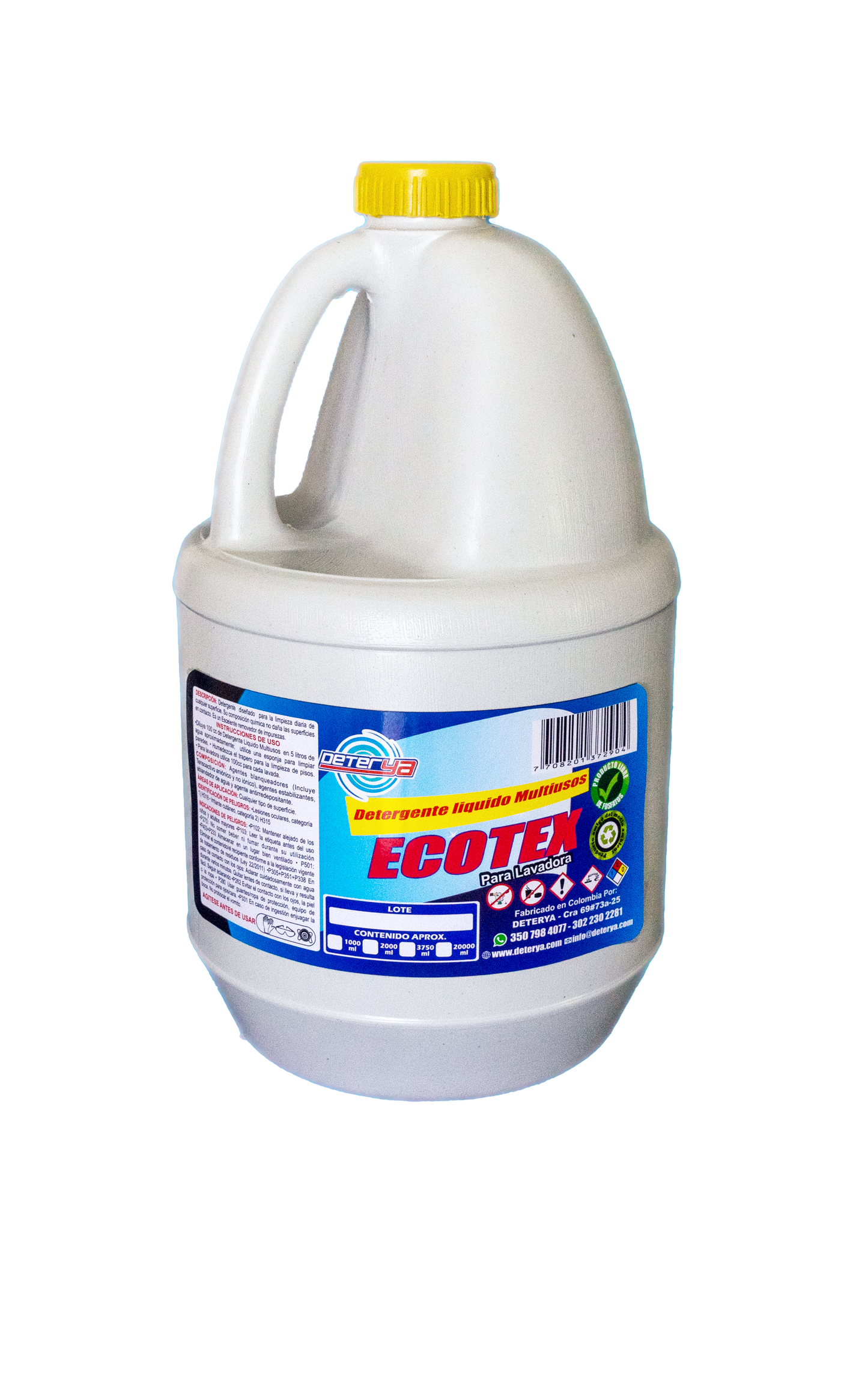 Envase de Detergente Líquido Ecotex Deterya, jabón económico para lavadora automática que cuida las fibras y elimina la suciedad en la ropa.