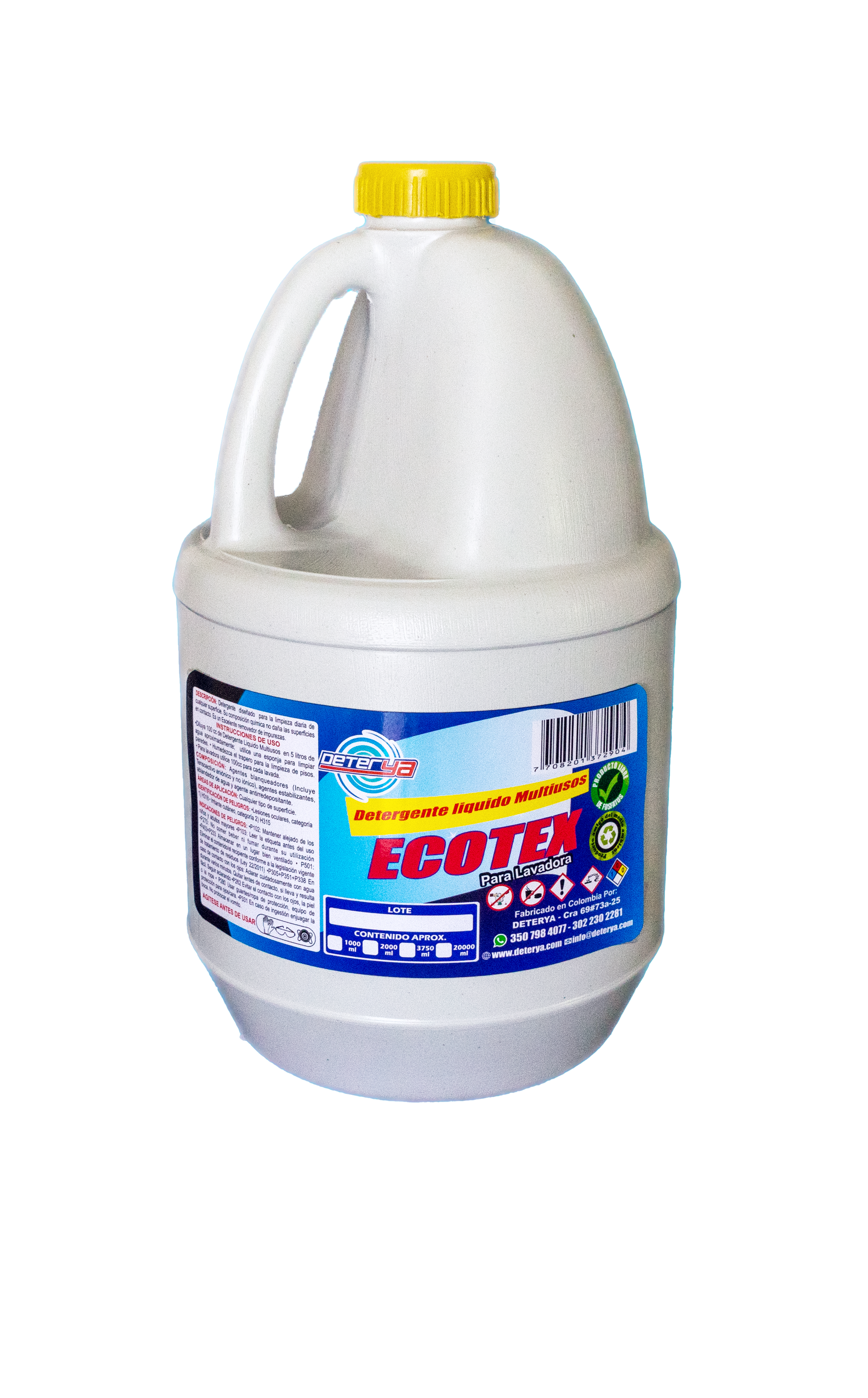Envase de Detergente Líquido Ecotex Deterya, jabón económico para lavadora automática que cuida las fibras y elimina la suciedad en la ropa.