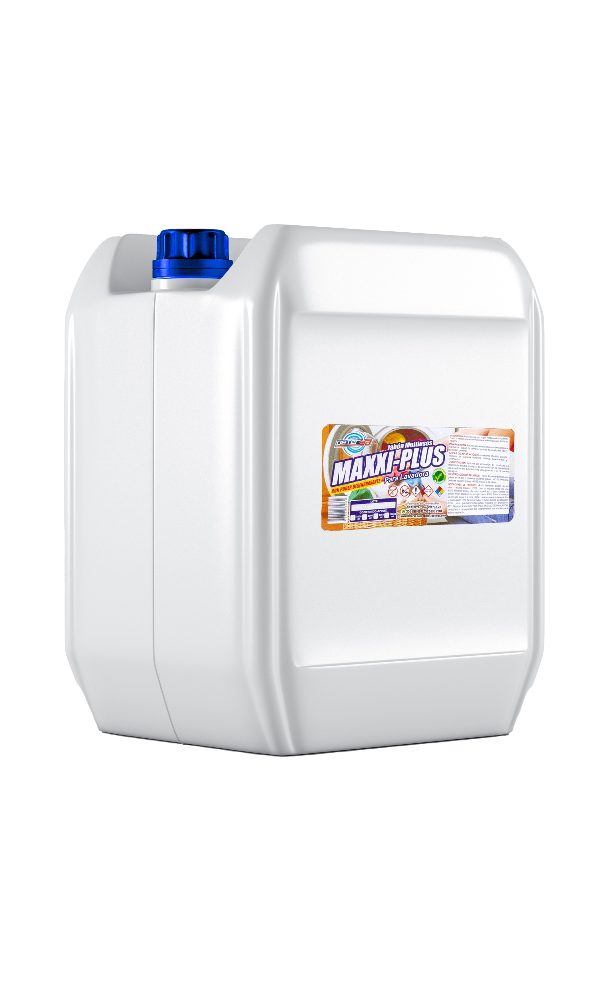 Garrafa de 20 litros de Jabón Multiusos Maxxi Plus Deterya, detergente líquido concentrado para lavado de ropa y limpieza de superficies en entornos industriales de Bogotá.