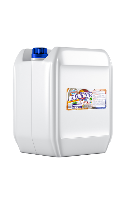 Garrafa de 20 litros de Jabón Multiusos Maxxi Plus Deterya, detergente líquido concentrado para lavado de ropa y limpieza de superficies en entornos industriales de Bogotá.