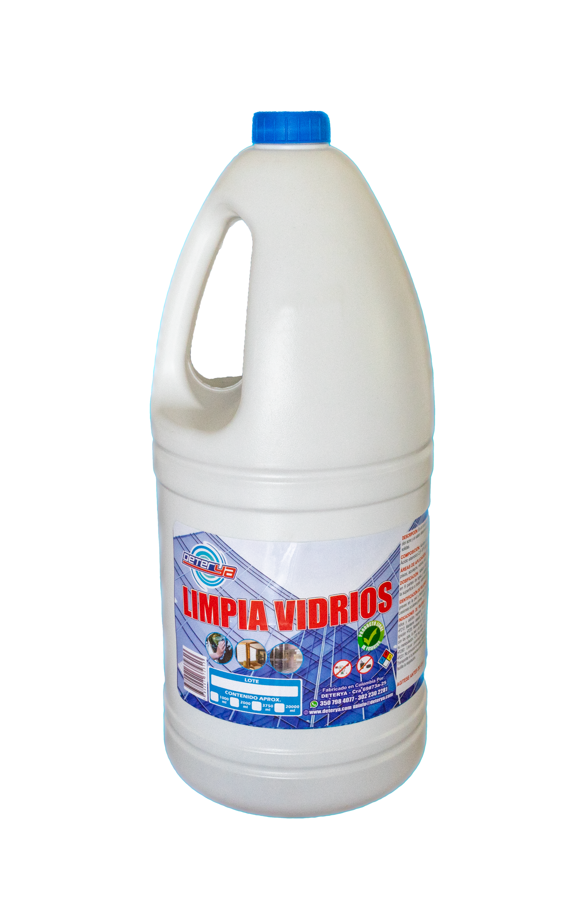 envase de 2 litros de Limpia Vidrios Profesional Deterya, solución antiempañante de alto rendimiento para limpieza de grandes ventanales y fachadas de vidrio en Bogotá.