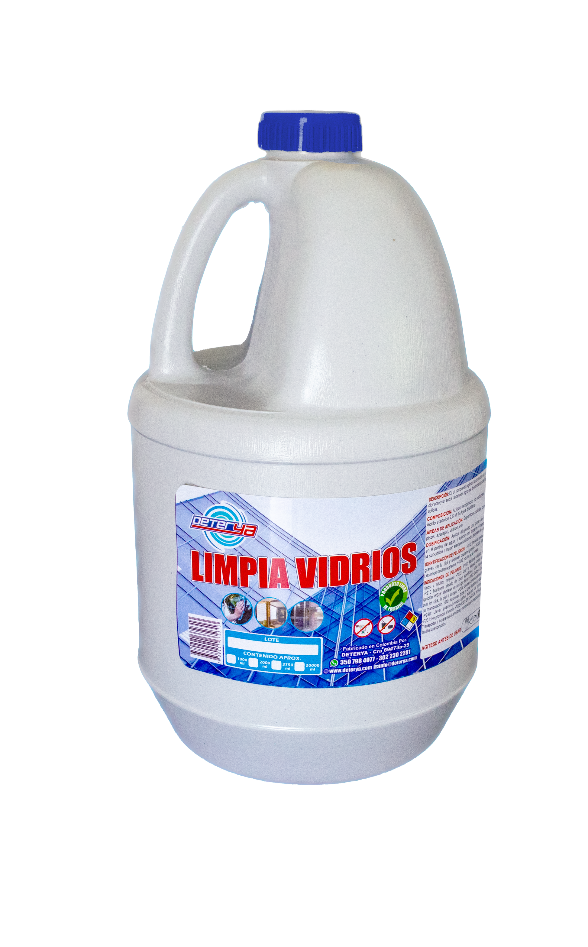 Envase de Limpia Vidrios Profesional Deterya, fórmula antiempañante y sin vetas para máxima transparencia en ventanas, espejos y superficies de cristal en Bogotá.