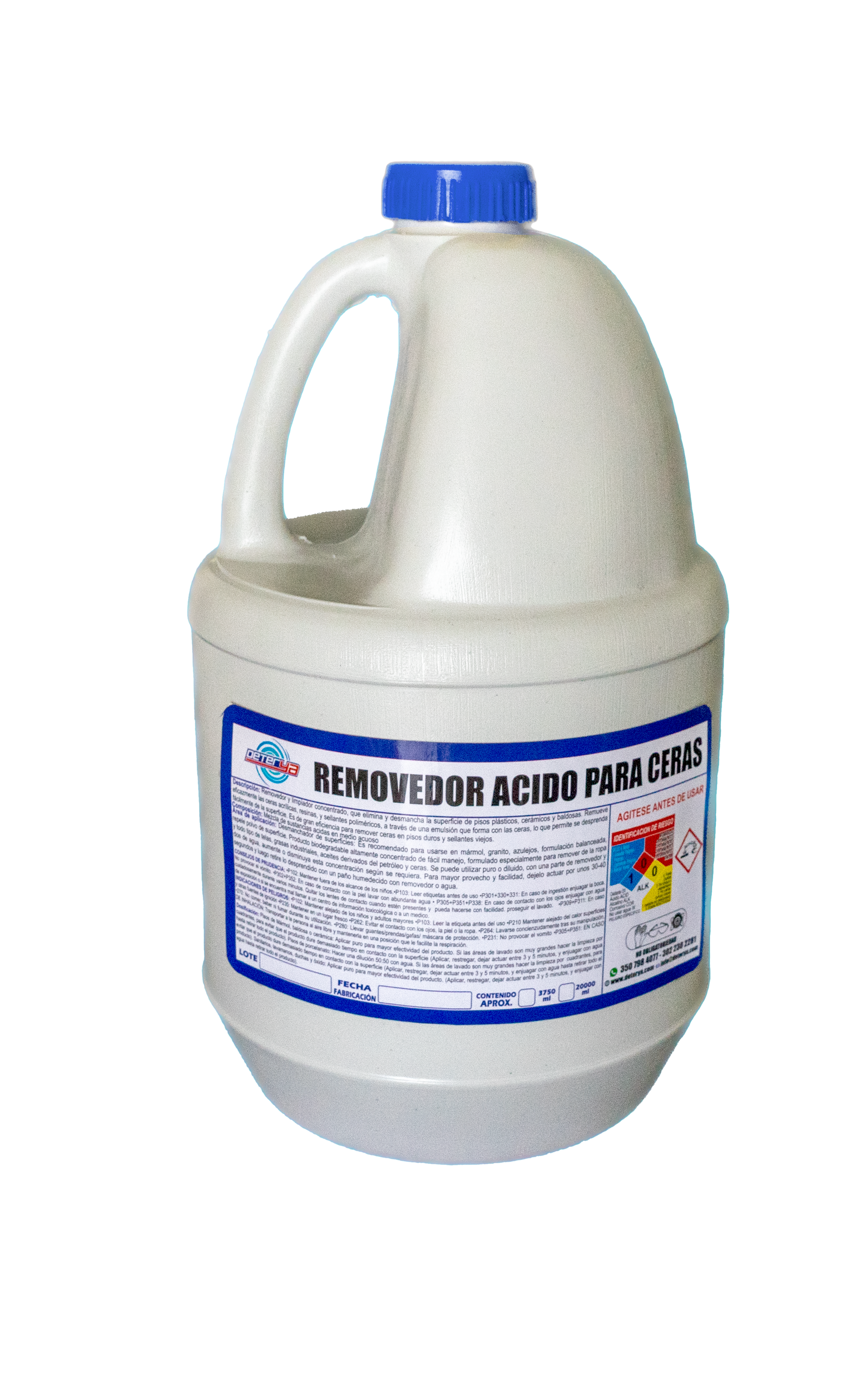 Envase de Removedor Ácido de Ceras Viejas Deterya, potente restaurador de pisos para eliminar acumulaciones de cera, manchas difíciles y suciedad incrustada en Bogotá.