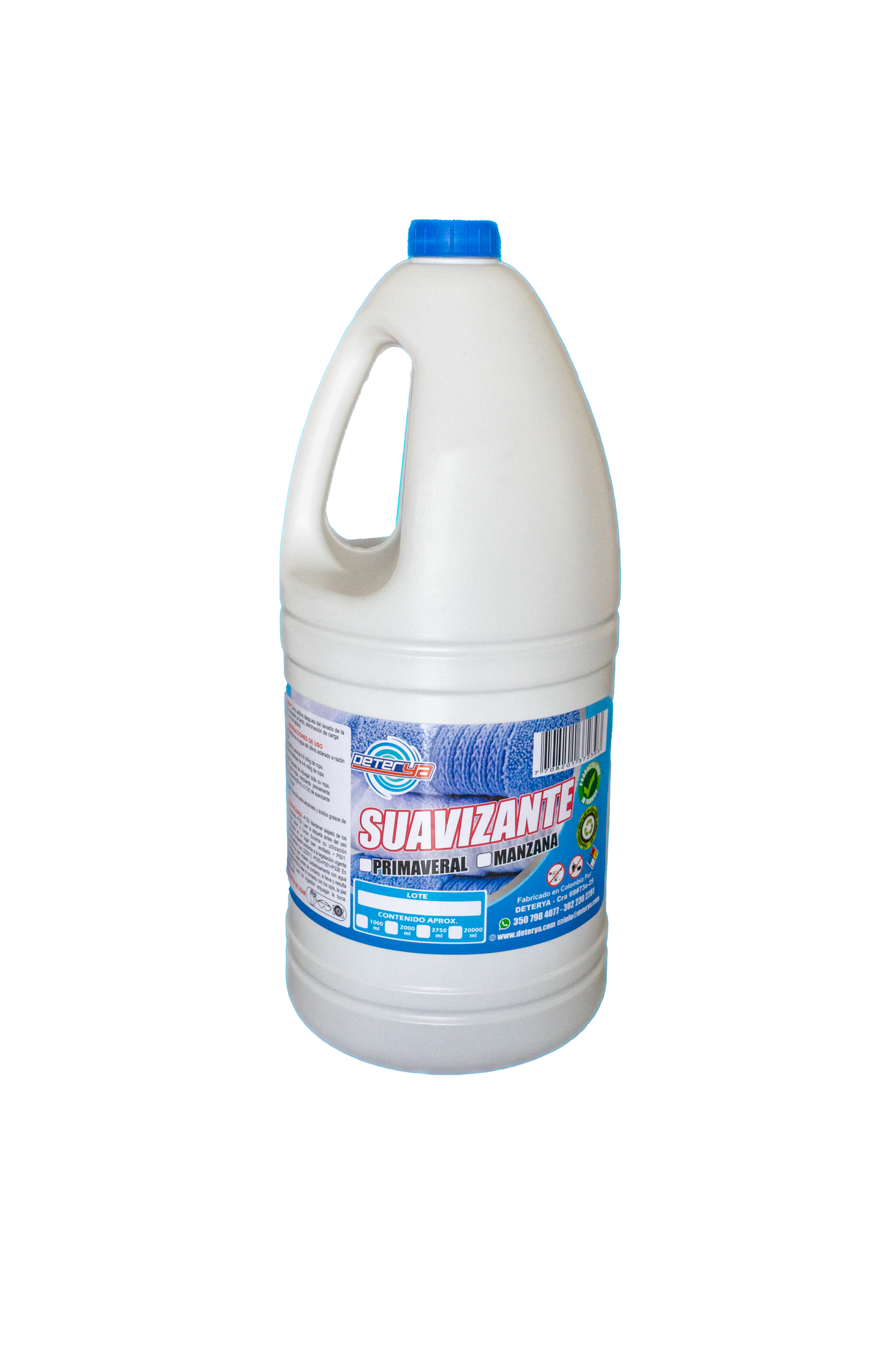 envase de 2 litros de Suavizante de Ropa Concentrado Deterya, fragancia de larga duración y alto rendimiento para lavanderías industriales y hoteles en Bogotá.