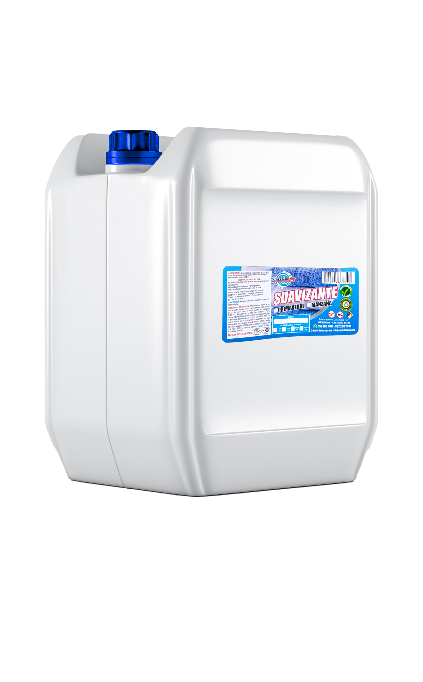 Garrafa de 20 litros de Suavizante de Ropa Concentrado Deterya, fragancia de larga duración y alto rendimiento para lavanderías industriales y hoteles en Bogotá.