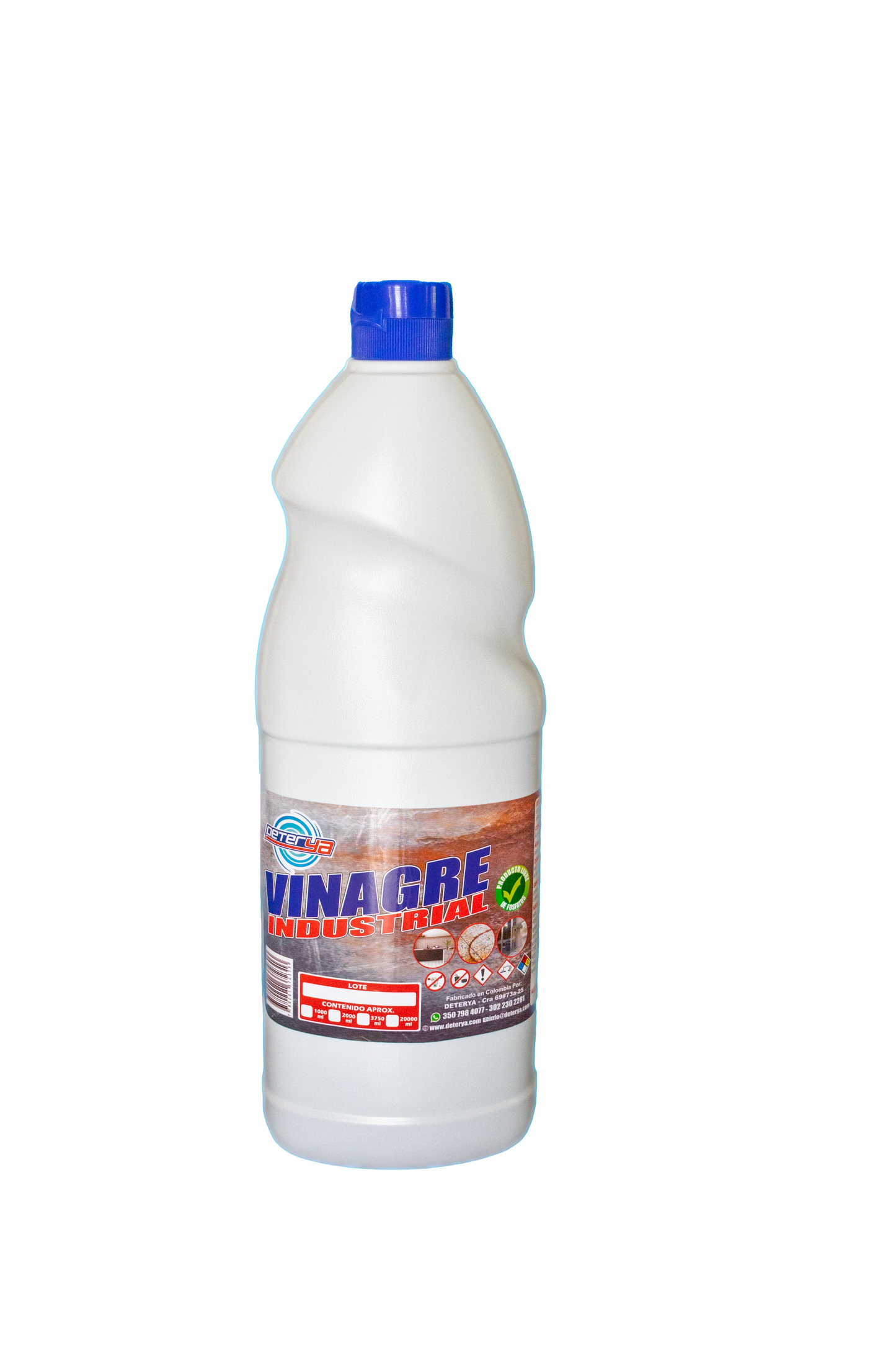 envase de 1 litro de Vinagre Industrial Multiusos Deterya, limpiador natural concentrado para desinfección, brillo de acero inoxidable y eliminación de sarro en Bogotá.