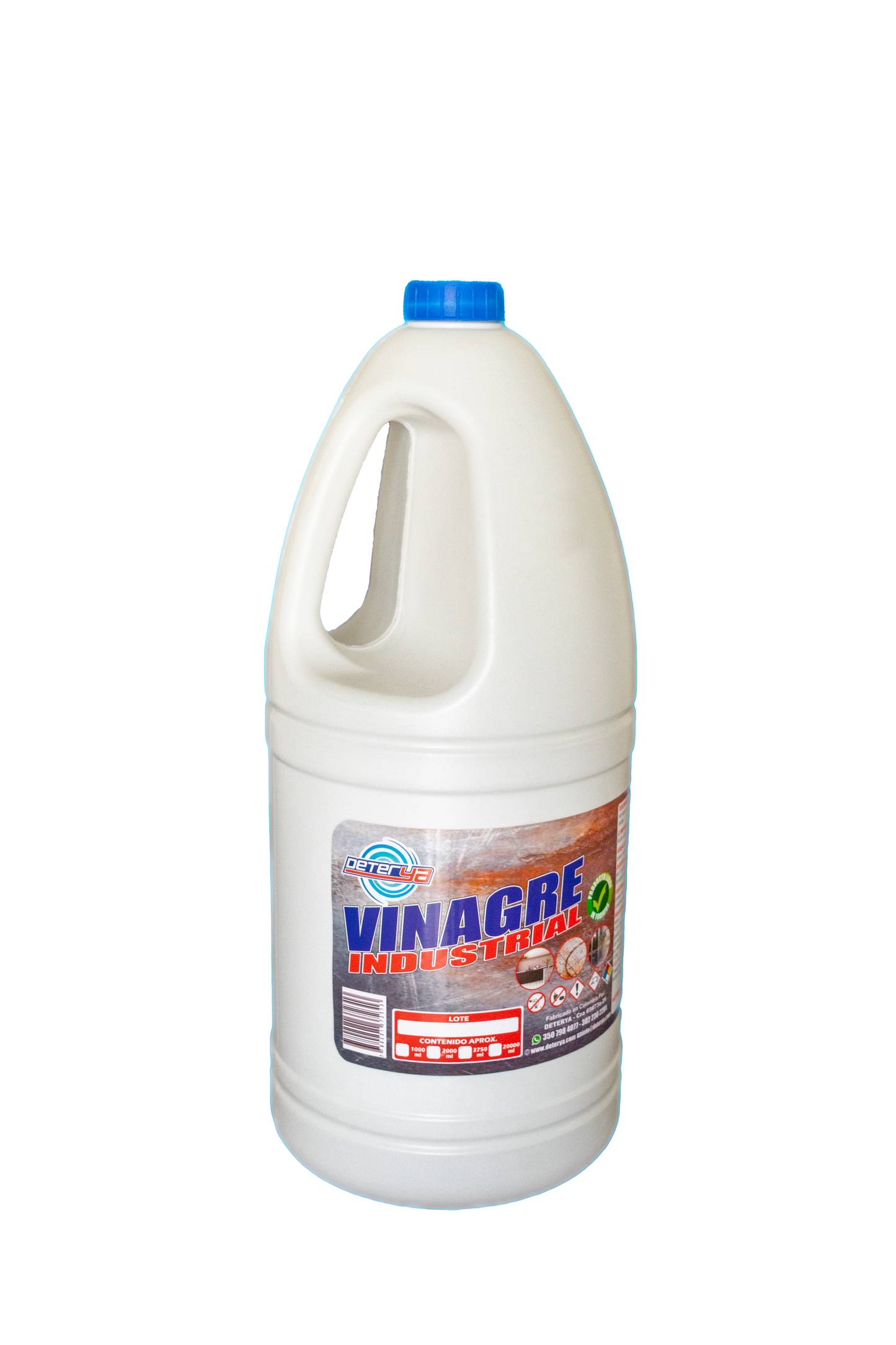 envase de 2 litros de Vinagre Industrial Multiusos Deterya, limpiador natural concentrado para desinfección, brillo de acero inoxidable y eliminación de sarro en Bogotá.