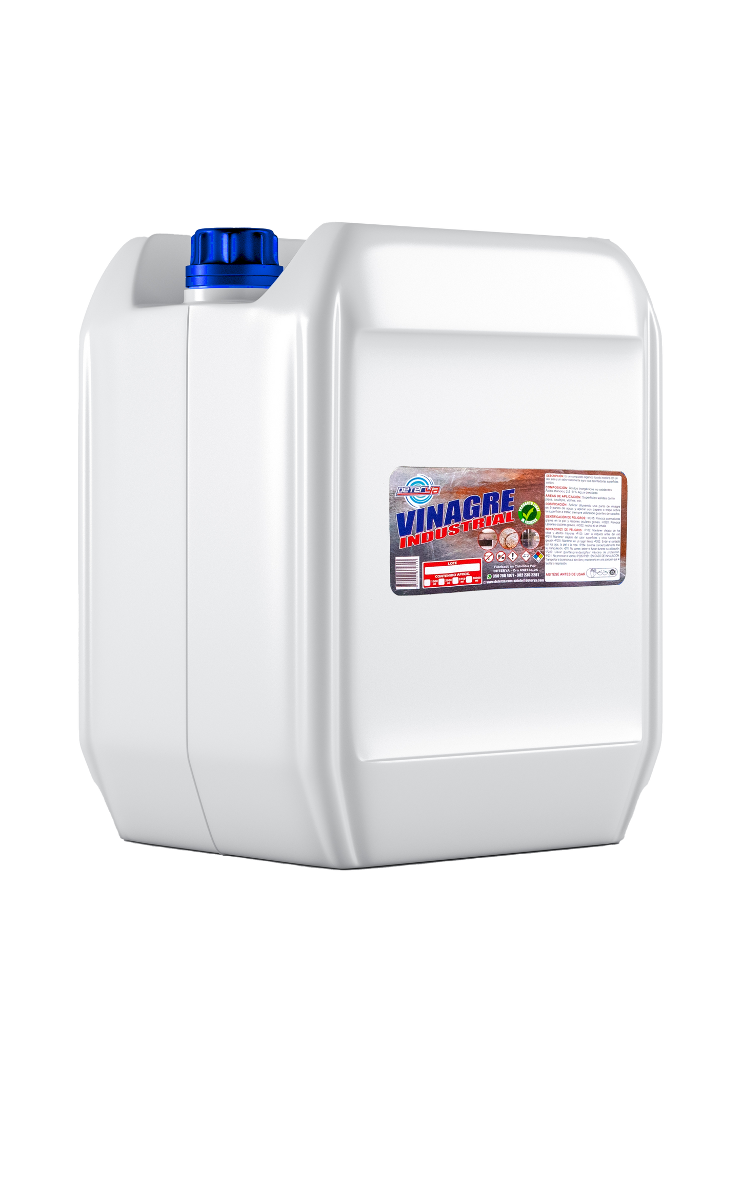 Garrafa de 20 litros de Vinagre Industrial Multiusos Deterya, limpiador natural concentrado para desinfección, brillo de acero inoxidable y eliminación de sarro en Bogotá.