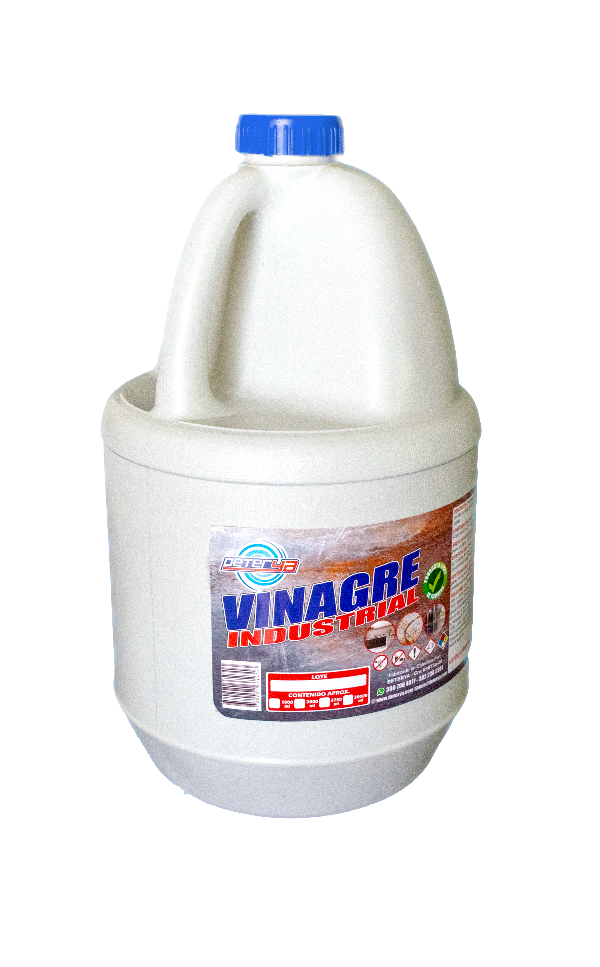 Envase de Vinagre Industrial Multiusos Deterya, potente limpiador natural y desengrasante para superficies, vidrios y eliminación de cal en Bogotá.